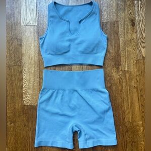 Blue Ribbed Women's Workout Set
